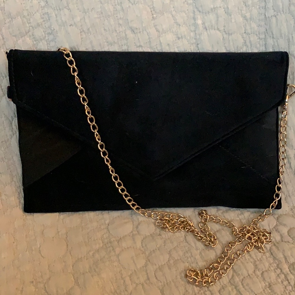 Beautiful black velvet evening bag with gold chain